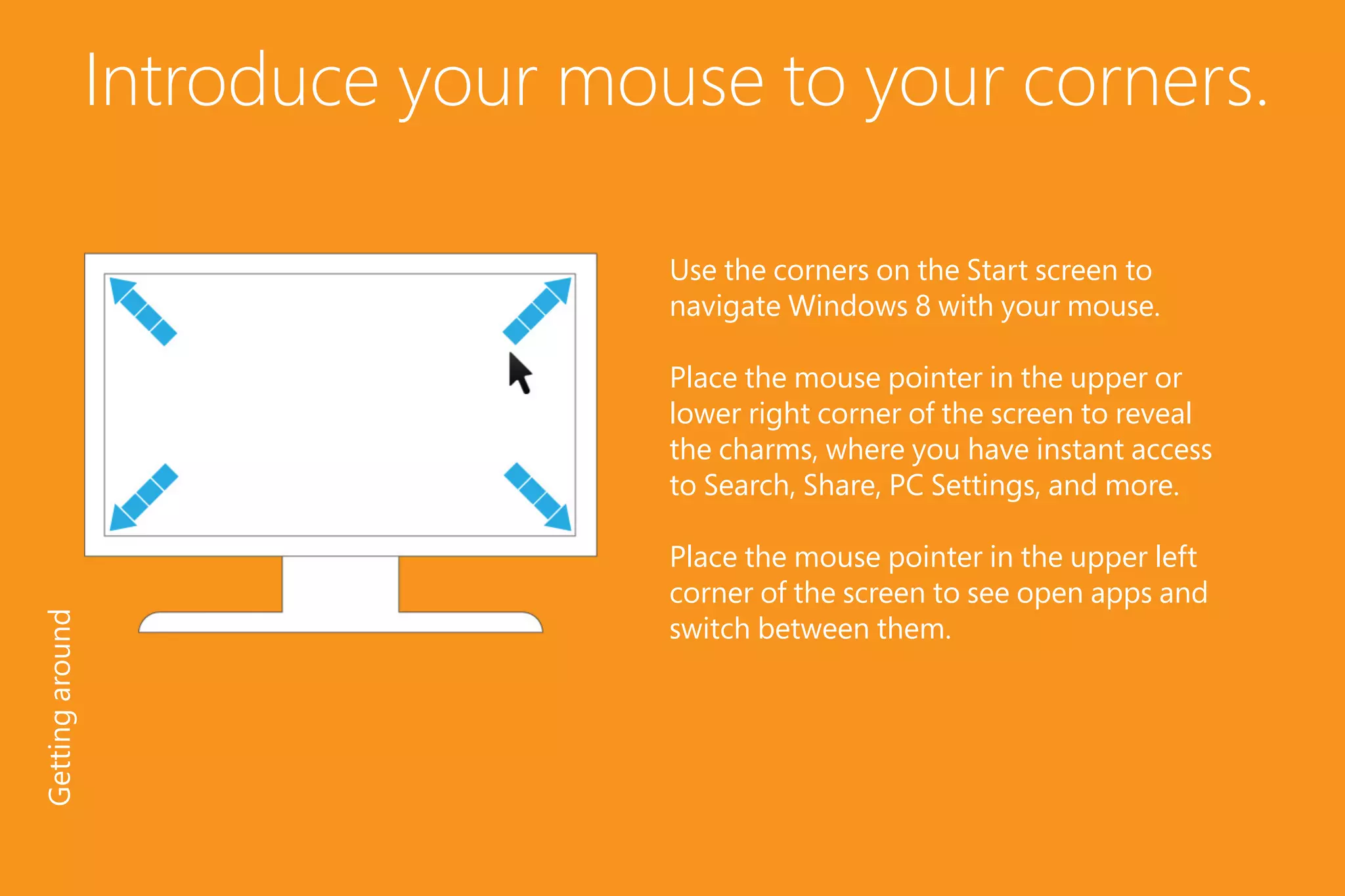 Introduce your mouse to your corners.
Use the corners on the Start screen to
navigate Windows 8 with your mouse.
Place the mouse pointer in the upper or
lower right corner of the screen to reveal
the charms, where you have instant access
to Search, Share, PC Settings, and more.
Place the mouse pointer in the upper left
corner of the screen to see open apps and
switch between them.
Gettingaround
 