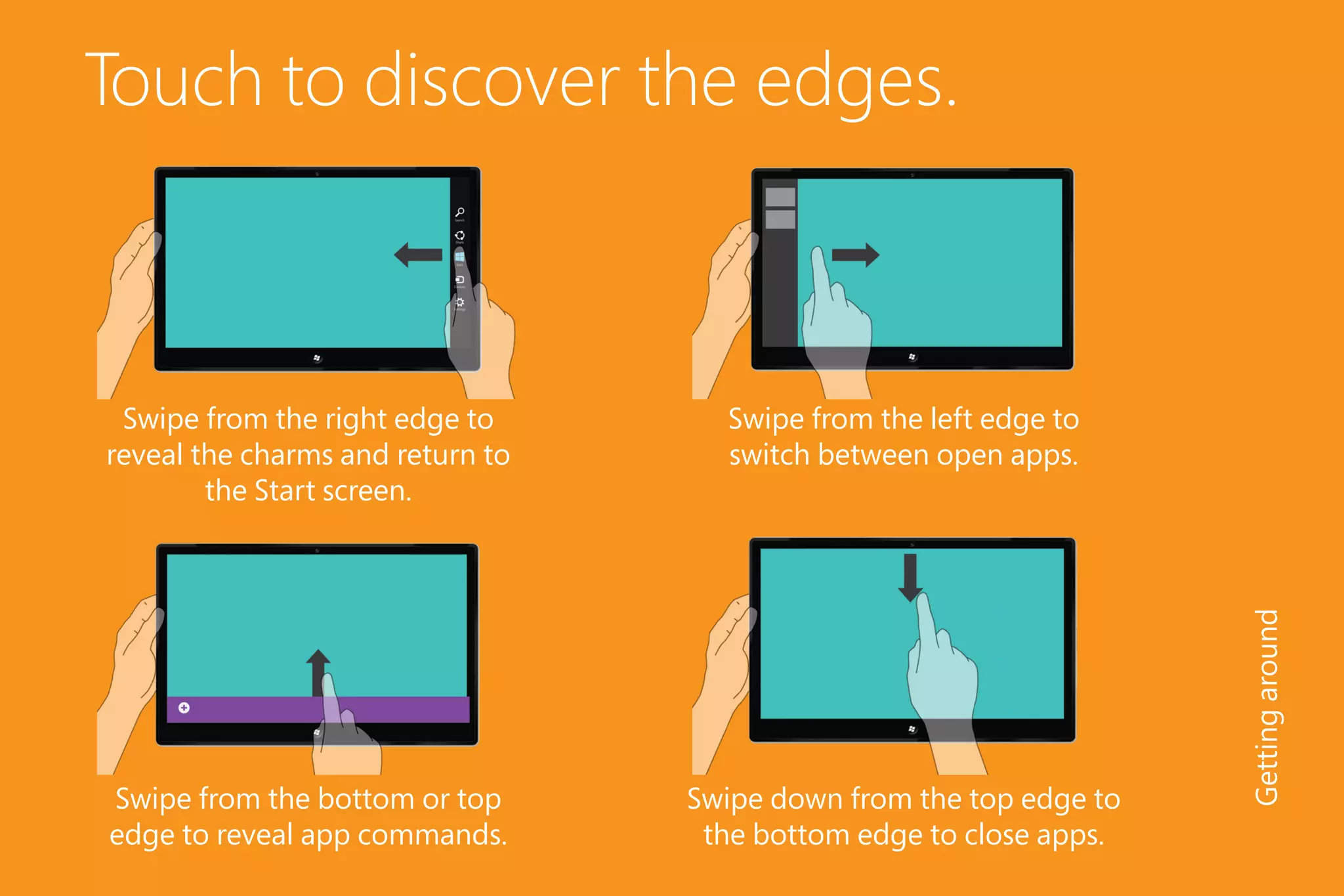 Touch to discover the edges.
Swipe from the right edge to
reveal the charms and return to
the Start screen.
Swipe from the bottom or top
edge to reveal app commands.
Swipe from the left edge to
switch between open apps.
Gettingaround
Swipe down from the top edge to
the bottom edge to close apps.
 