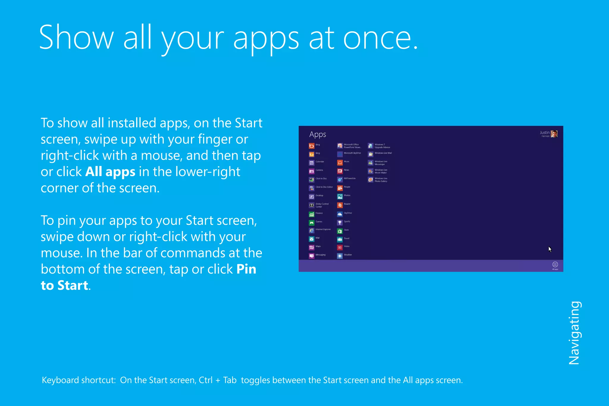 Show all your apps at once.
Keyboard shortcut: On the Start screen, Ctrl + Tab toggles between the Start screen and the All apps screen.
Navigating
To show all installed apps, on the Start
screen, swipe up with your finger or
right-click with a mouse, and then tap
or click All apps in the lower-right
corner of the screen.
To pin your apps to your Start screen,
swipe down or right-click with your
mouse. In the bar of commands at the
bottom of the screen, tap or click Pin
to Start.
 