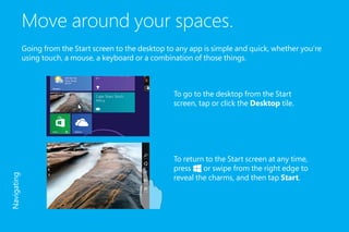 Move around your spaces.
Going from the Start screen to the desktop to any app is simple and quick, whether you’re
using touch, a mouse, a keyboard or a combination of those things.
To go to the desktop from the Start
screen, tap or click the Desktop tile.
To return to the Start screen at any time,
press or swipe from the right edge to
reveal the charms, and then tap Start.
Navigating
 