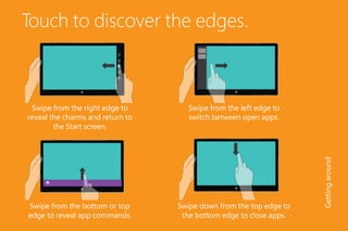 Touch to discover the edges.
Swipe from the right edge to
reveal the charms and return to
the Start screen.
Swipe from the bottom or top
edge to reveal app commands.
Swipe from the left edge to
switch between open apps.
Gettingaround
Swipe down from the top edge to
the bottom edge to close apps.
 