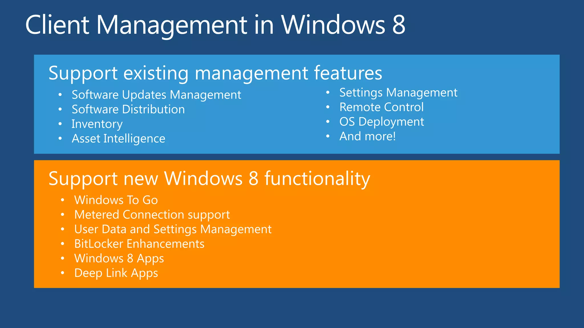 Support existing management features
 •   Software Updates Management         •   Settings Management
 •   Software Distribution               •   Remote Control
 •   Inventory                           •   OS Deployment
 •   Asset Intelligence                  •   And more!


Support new Windows 8 functionality
 •   Windows To Go
 •   Metered Connection support
 •   User Data and Settings Management
 •   BitLocker Enhancements
 •   Windows 8 Apps
 •   Deep Link Apps
 