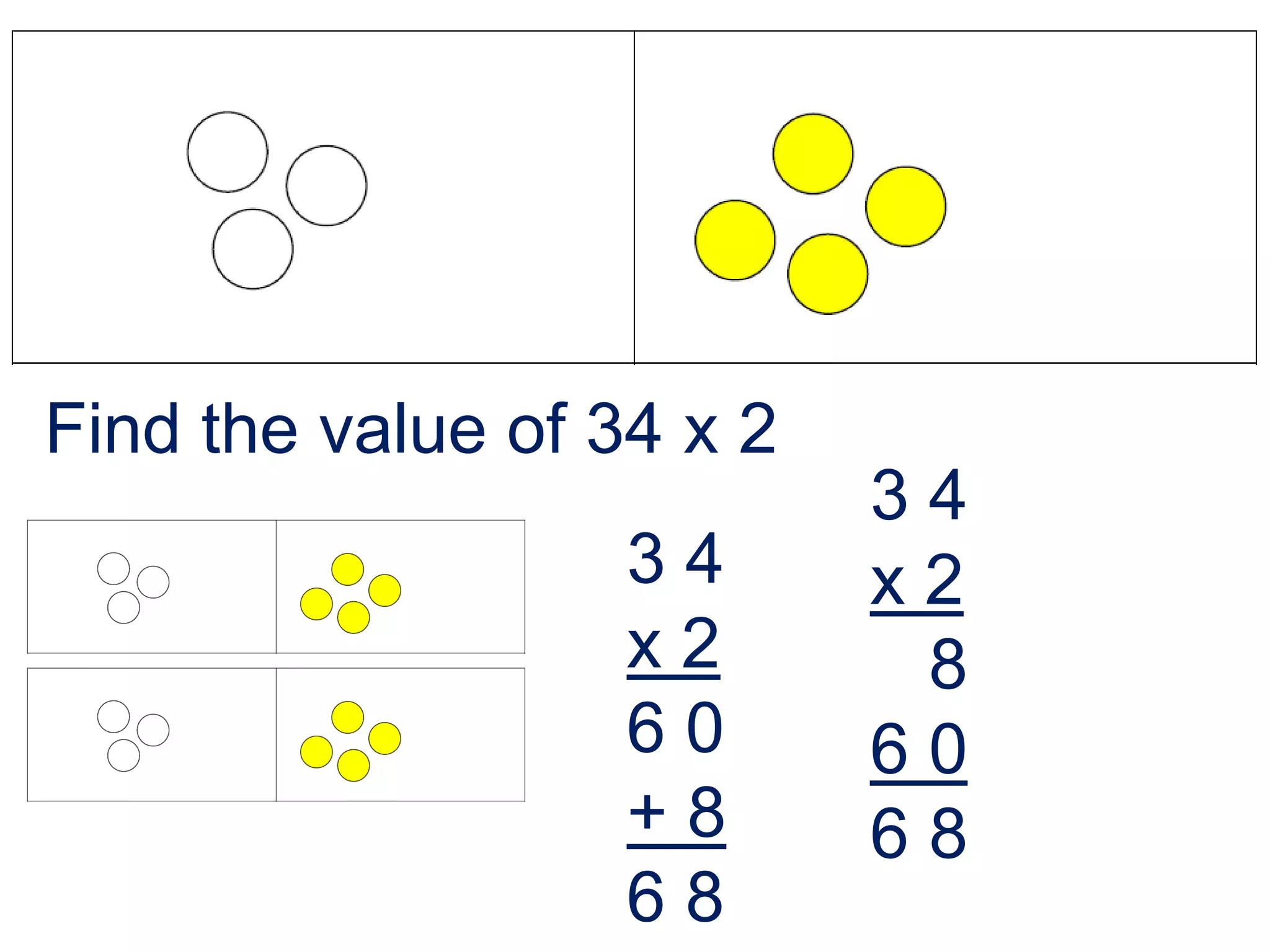 Find the value of 34 x 2
.                          34
                   34      x2
                   x2      08
                   60      60
                   +8      68
                   68
 