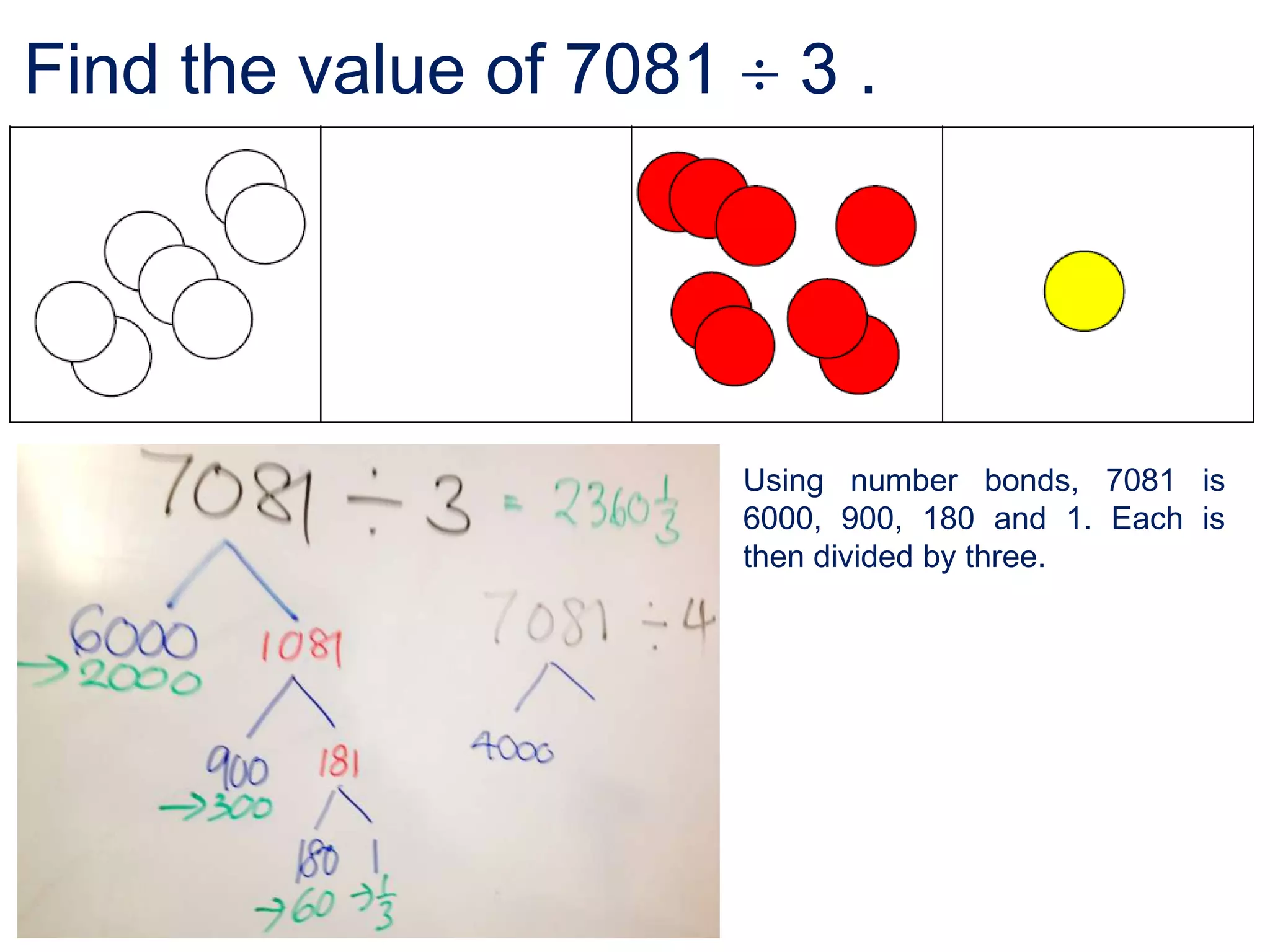 Find the value of 7081      3.




                         Using number bonds, 7081 is
                         6000, 900, 180 and 1. Each is
                         then divided by three.
 
