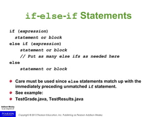 Copyright © 2015 Pearson Education, Inc. Publishing as Pearson Addison-Wesley
if-else-if Statements
if (expression)
statement or block
else if (expression)
statement or block
// Put as many else ifs as needed here
else
statement or block
Care must be used since else statements match up with the
immediately preceding unmatched if statement.
See example:
TestGrade.java, TestResults.java
 