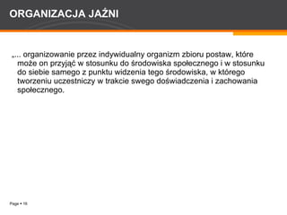 ORGANIZACJA JAŹNI „ ... organizowanie przez indywidualny organizm zbioru postaw, które może on przyjąć w stosunku do środowiska społecznego i w stosunku do siebie samego z punktu widzenia tego środowiska, w którego tworzeniu uczestniczy w trakcie swego doświadczenia i zachowania społecznego. 