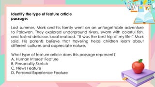 Year 7 Feature Article Example Writing a feature article Quarter 4 (English) | PPTX