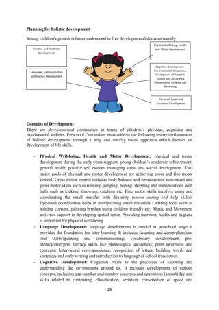 28
Planning for holistic development
Young children's growth is better understood in five developmental domains namely
Domains of Development
There are developmental continuities in terms of children‘s physical, cognitive and
psychosocial abilities. Preschool Curriculum must address the following interrelated domains
of holistic development through a play and activity based approach which focuses on
development of life skills.
 Physical Well-being, Health and Motor Development: physical and motor
development during the early years supports young children‘s academic achievement,
general health, positive self esteem, managing stress and social development. Two
major goals of physical and motor development are achieving gross and fine motor
control. Gross motor control includes body balance and coordination; movement and
gross motor skills such as running, jumping, hoping, skipping and manipulations with
balls such as kicking, throwing, catching etc. Fine motor skills involves using and
coordinating the small muscles with dexterity (shows during self help skills).
Eye-hand coordination helps in manipulating small materials / writing tools such as
holding crayons, painting brushes using children friendly etc. Music and Movement
activities support in developing spatial sense. Providing nutrition, health and hygiene
is important for physical well-being.
 Language Development: language development is crucial at preschool stage it
provides the foundation for later learning. It includes listening and comprehension;
oral skills/speaking and communicating; vocabulary development; pre-
literacy/emergent literacy skills like phonological awareness; print awareness and
concepts; letter-sound correspondence; recognition of letters; building words and
sentences and early writing and introduction to language of school transaction.
 Cognitive Development: Cognition refers to the processes of knowing and
understanding the environment around us. It includes development of various
concepts, including pre-number and number concepts and operations (knowledge and
skills related to comparing, classification, seriation, conservation of space and
Physical Well-being, Health
and Motor Development
Creative and Aesthetic
Development
Language , communication
and literacy Development
Cognitive Development-
Environmental Awareness,
Development of Scientific
Temper and developing
Mathematical thinking and
Reasoning
Personal, Social and
Emotional Development
 