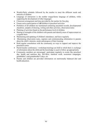 63
 Weekly/Daily schedule followed by the teacher to meet the different needs and
interests of children
 Language of interaction is the mother tongue/home language of children, while
supporting the development of other languages
 Classroom arrangement and time provided by the teacher for free play
 Ensure active participation of All children in preschool activities
 Portfolios of all children are maintained containing anecdotal records, developmental
checklists, samples of drawing, writing and other activities, observation notes
 Planning of activities based on the performance level of children
 Sharing of strengths of the children with parents and identify areas of improvement on
a regular basis.
 Maintaining and updating of children's attendance, and leave regularly
 Maintaining observation notes, registers and communicating information to parents
about the child‘s interests, needs and progress of their learning
 Hold regular consultation with the community on ways to support and improve the
preschool centre
 Parent-teacher conferences / workshops/meetings are held in which there is exchange
of information about the child and the knowledge is used to follow up appropriately
 Community members are encouraged participate regularly in events like preschool
day, health and nutrition day, Bal-Mela, nutrition week, awareness campaigns,
grandfather‘s and grandmother‘s days, etc.
 Parents and children are provided information on nutritionally balanced diet and
health education.
 
