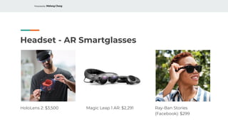 Presented by Waheng Chang
Headset - AR Smartglasses
HoloLens 2: $3,500 Magic Leap 1 AR: $2,291 Ray-Ban Stories
(Facebook):...