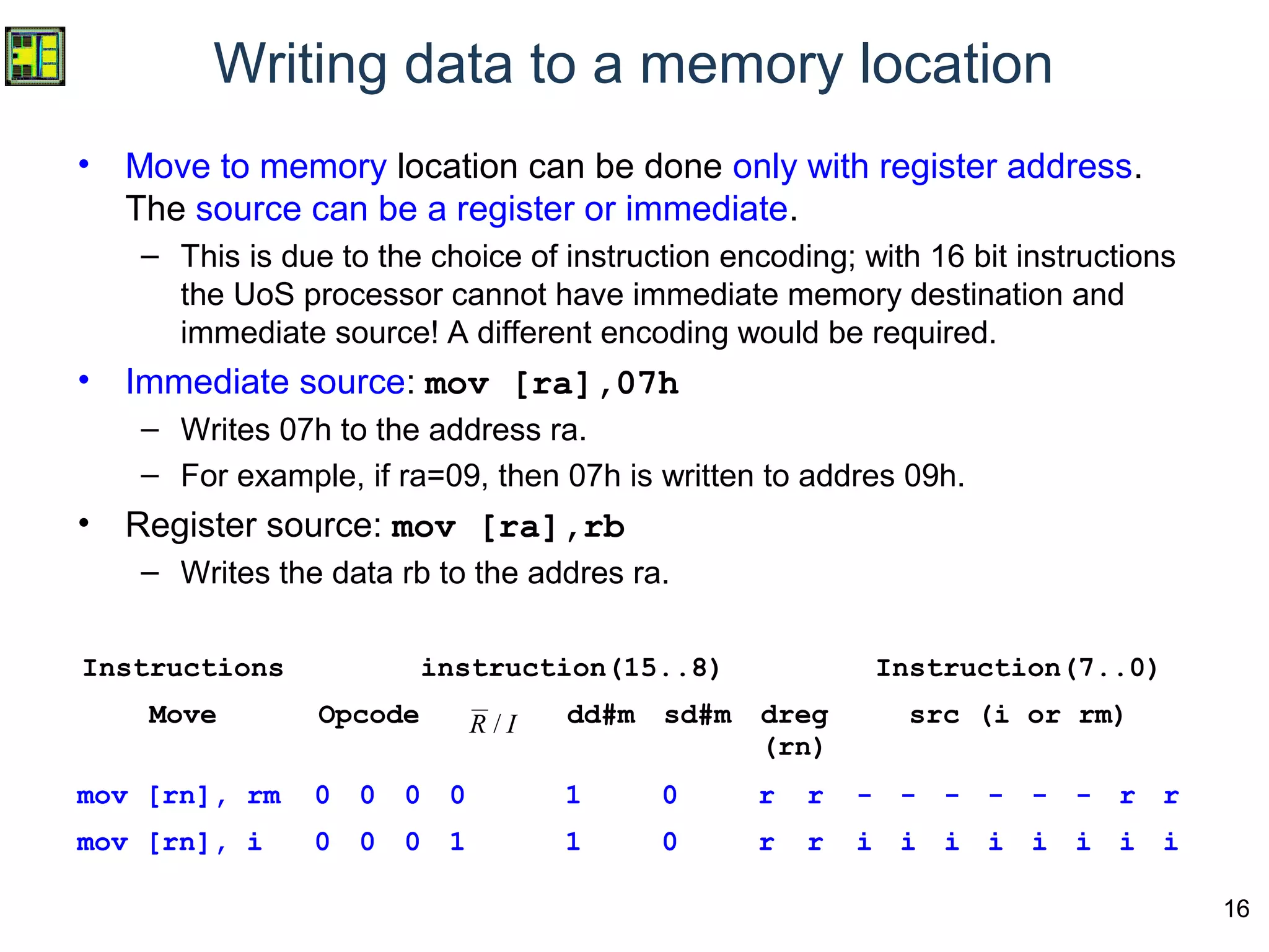 16
Writing data to a memory location
• Move to memory location can be done only with register address.
The source can be a register or immediate.
– This is due to the choice of instruction encoding; with 16 bit instructions
the UoS processor cannot have immediate memory destination and
immediate source! A different encoding would be required.
• Immediate source: mov [ra],07h
– Writes 07h to the address ra.
– For example, if ra=09, then 07h is written to addres 09h.
• Register source: mov [ra],rb
– Writes the data rb to the addres ra.
Instructions instruction(15..8) Instruction(7..0)
Move Opcode dd#m sd#m dreg
(rn)
src (i or rm)
mov [rn], rm 0 0 0 0 1 0 r r - - - - - - r r
mov [rn], i 0 0 0 1 1 0 r r i i i i i i i i
IR /
 