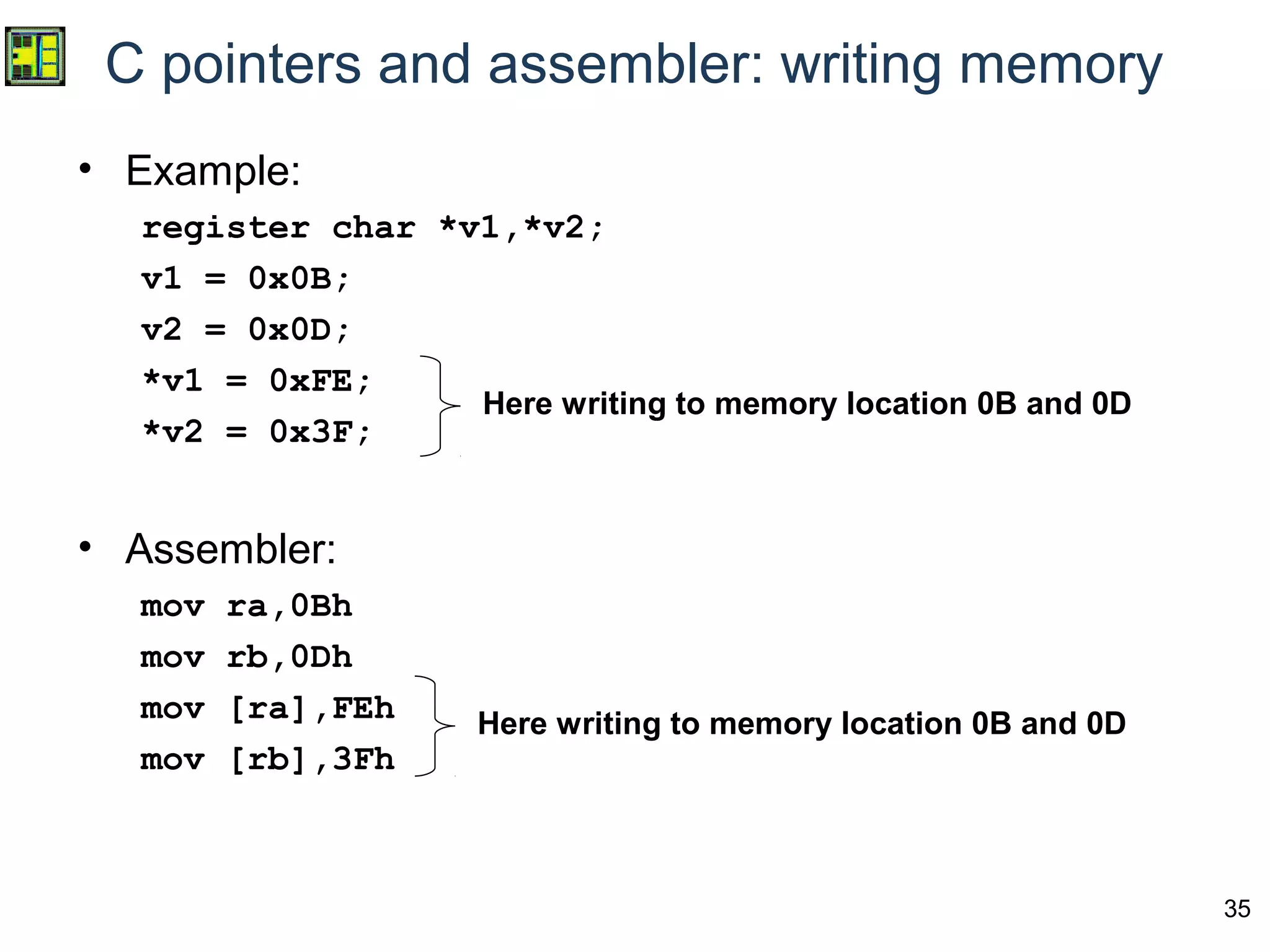 35
C pointers and assembler: writing memory
• Example:
register char *v1,*v2;
v1 = 0x0B;
v2 = 0x0D;
*v1 = 0xFE;
*v2 = 0x3F;
• Assembler:
mov ra,0Bh
mov rb,0Dh
mov [ra],FEh
mov [rb],3Fh
Here writing to memory location 0B and 0D
Here writing to memory location 0B and 0D
 