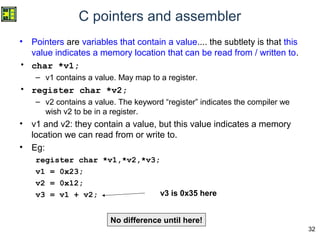 32
C pointers and assembler
• Pointers are variables that contain a value.... the subtlety is that this
value indicates a memory location that can be read from / written to.
• char *v1;
– v1 contains a value. May map to a register.
• register char *v2;
– v2 contains a value. The keyword “register” indicates the compiler we
wish v2 to be in a register.
• v1 and v2: they contain a value, but this value indicates a memory
location we can read from or write to.
• Eg:
register char *v1,*v2,*v3;
v1 = 0x23;
v2 = 0x12;
v3 = v1 + v2; v3 is 0x35 here
No difference until here!
 