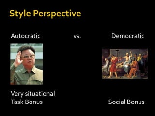 Autocratic         vs.   Democratic




Very situational
Task Bonus               Social Bonus
 