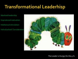Idealized leadership

Inspirational motivation

Intellectual stimulation

Individualized Consideration




                               The Leader is Hungry for the 4 I’s
 