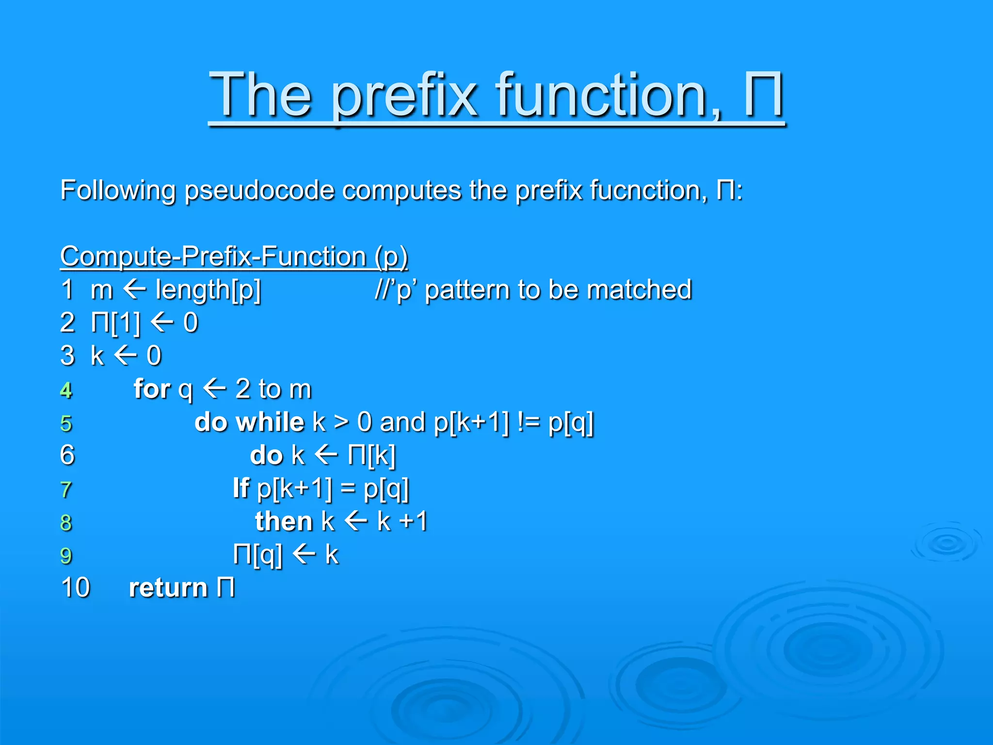 The prefix function, Π
Following pseudocode computes the prefix fucnction, Π:
Compute-Prefix-Function (p)
1 m  length[p] //’p’ pattern to be matched
2 Π[1]  0
3 k  0
4 for q  2 to m
5 do while k > 0 and p[k+1] != p[q]
6 do k  Π[k]
7 If p[k+1] = p[q]
8 then k  k +1
9 Π[q]  k
10 return Π
 