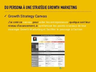 DU PERSONA À UNE STRATÉGIE GROWTH MARKETING
✓ Growth Strategy Canvas
J’ai créé ce canvas pour aider les entrepreneurs, quelque soit leur
niveau d’avancement, à synthétiser les points cruciaux de leur
stratégie Growth Marketing et faciliter le passage à l’action
 