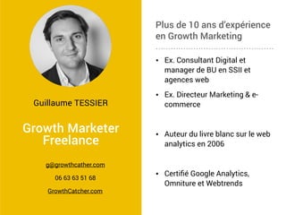 MES PRESTATIONS WEB ANALYTICS
• Recueil du besoin et
recommandations de
solutions web analytics
• Déﬁnition des metrics et
KPI’s
• Implémentation et
conﬁguration de
solutions
• Création de reporting/
dashboard personnalisé
• Reporting mensuel
• Analyse et
recommandation
d’optimisations
• Campagnes d’A/B
Testing
• Et plus si afﬁnités…
 
