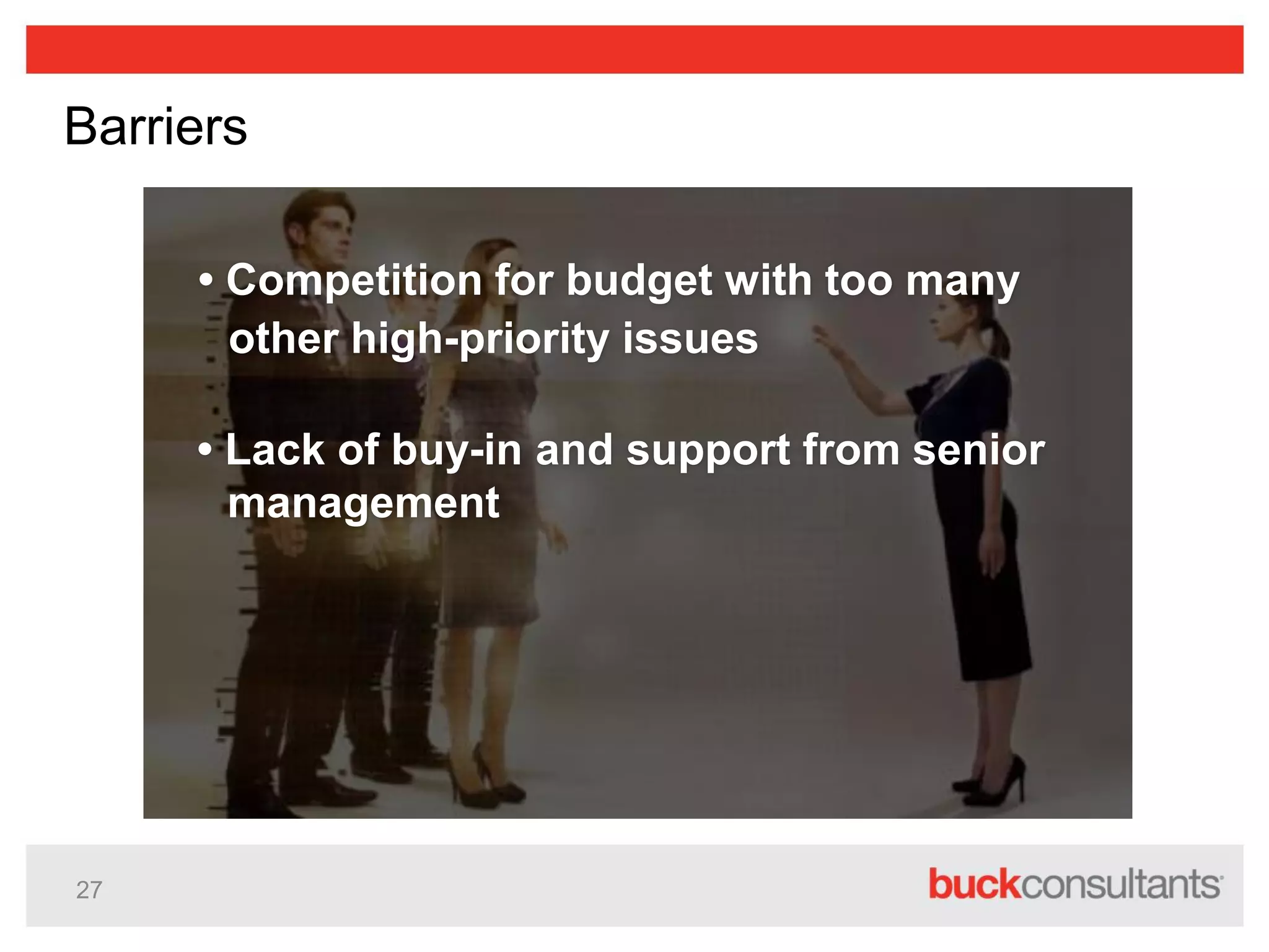 27
Barriers
• Lack of buy-in and support from senior
management
• Competition for budget with too many
other high-priority issues
 