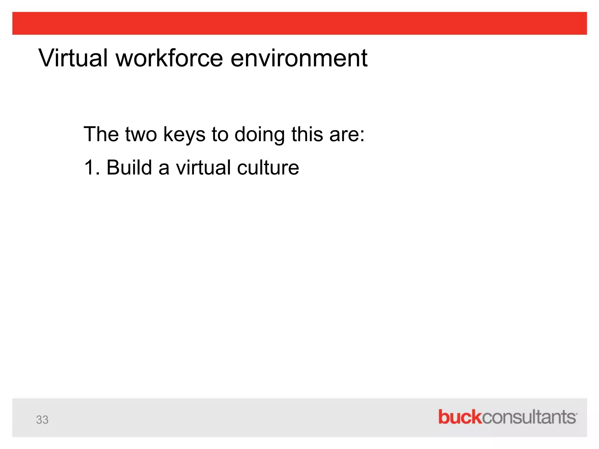 33
Virtual workforce environment
The two keys to doing this are:
1. Build a virtual culture
 