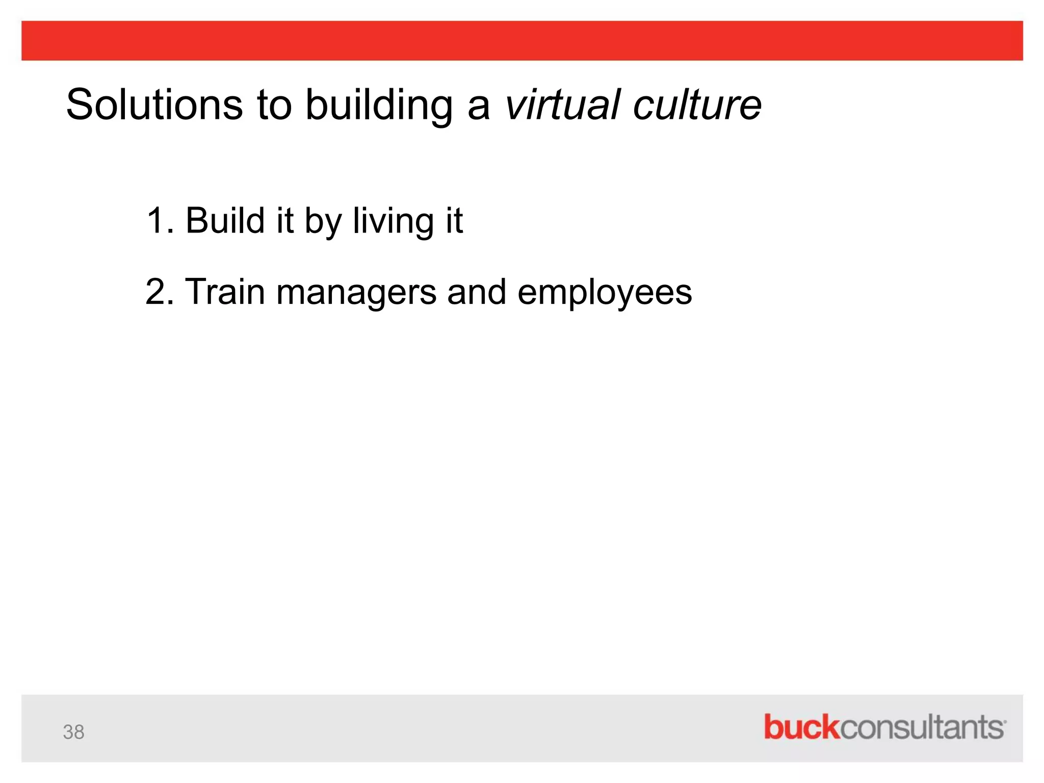 38
Solutions to building a virtual culture
1. Build it by living it
2. Train managers and employees
 