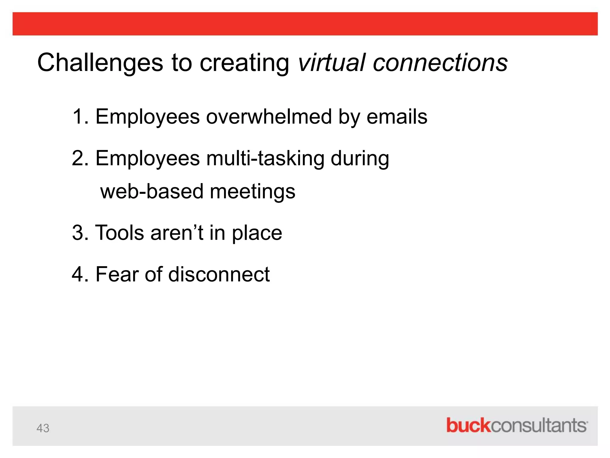 43
Challenges to creating virtual connections
1. Employees overwhelmed by emails
2. Employees multi-tasking during
web-based meetings
3. Tools aren’t in place
4. Fear of disconnect
 