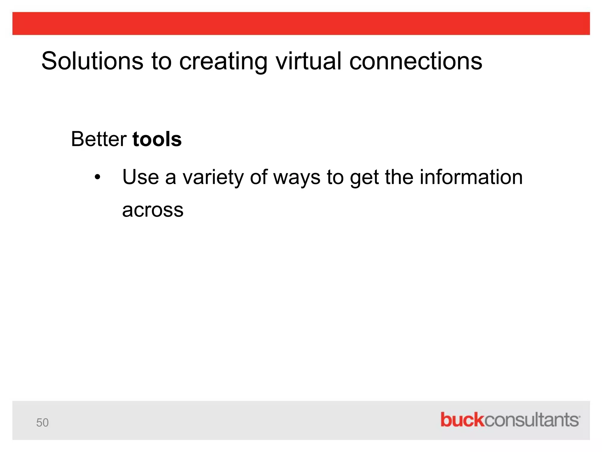 50
Solutions to creating virtual connections
Better tools
• Use a variety of ways to get the information
across
 