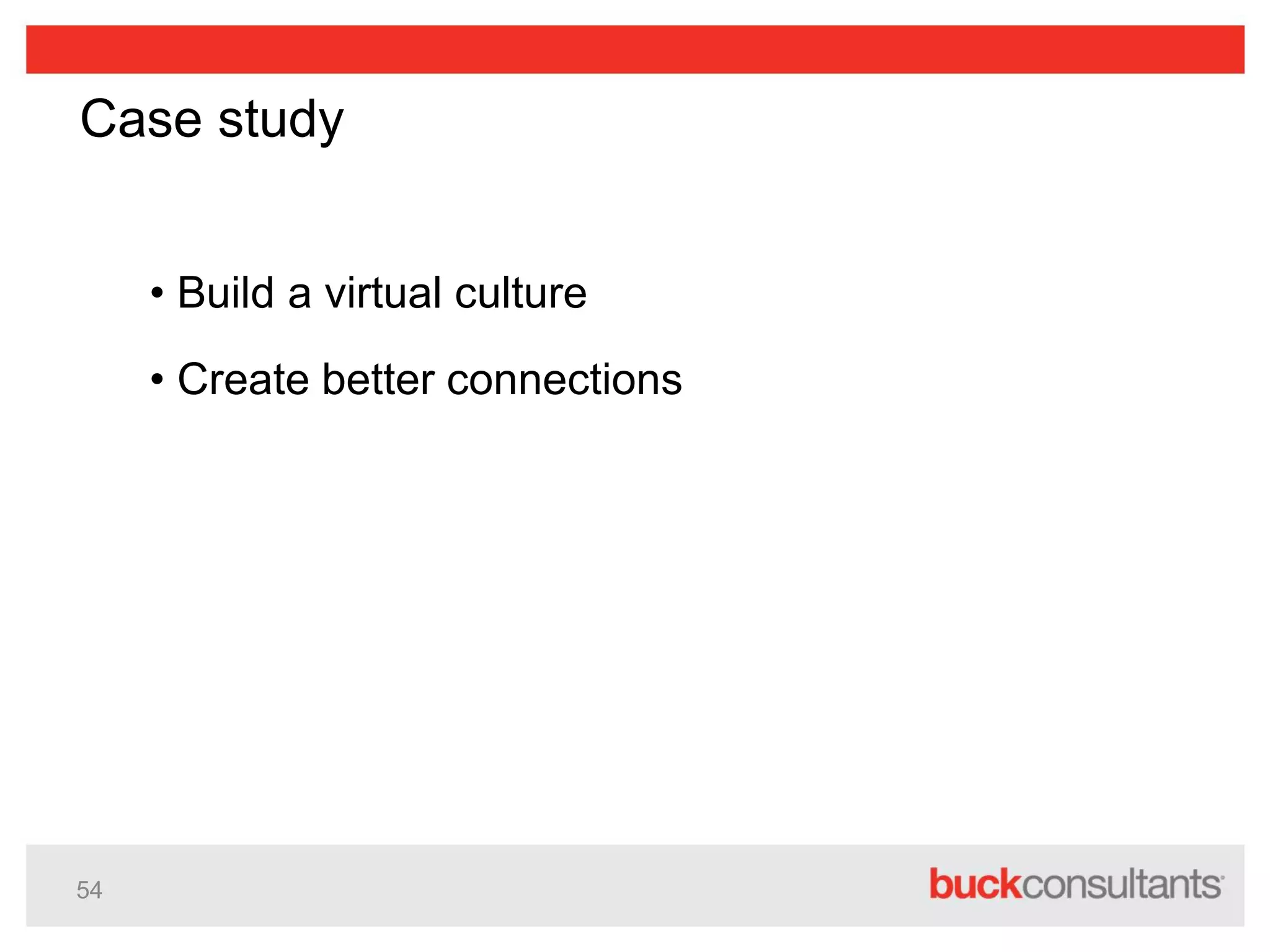 54
Case study
• Build a virtual culture
• Create better connections
 