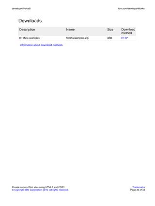 developerWorks®                                                                ibm.com/developerWorks




      Downloads
       Description                                 Name                 Size     Download
                                                                                 method
      HTML5 examples                               html5.examples.zip   3KB      HTTP

       Information about download methods




Create modern Web sites using HTML5 and CSS3                                              Trademarks
© Copyright IBM Corporation 2010. All rights reserved.                                   Page 30 of 33
 