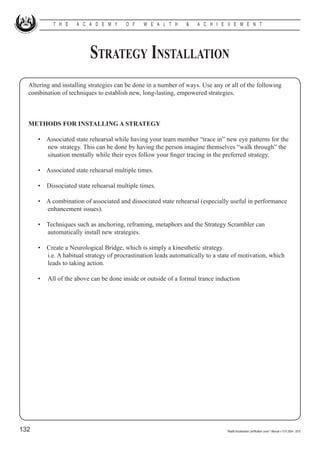 T H E    A C A D E M Y       O F    W E A L T H      &    A C H I E V E M E N T




                           Strategy Installation
  Altering and installing strategies can be done in a number of ways. Use any or all of the following
  combination of techniques to establish new, long-lasting, empowered strategies.



  METHODS FOR INSTALLING A STRATEGY

      • Associated state rehearsal while having your team member “trace in” new eye patterns for the
        new strategy. This can be done by having the person imagine themselves “walk through” the
        situation mentally while their eyes follow your finger tracing in the preferred strategy.

      • Associated state rehearsal multiple times.

      •   Dissociated state rehearsal multiple times.

      • A combination of associated and dissociated state rehearsal (especially useful in performance
        enhancement issues).

      • Techniques such as anchoring, reframing, metaphors and the Strategy Scrambler can
        automatically install new strategies.

      •   Create a Neurological Bridge, which is simply a kinesthetic strategy.
      	   i.e. A habitual strategy of procrastination leads automatically to a state of motivation, which
          leads to taking action.

      •	 All of the above can be done inside or outside of a formal trance induction




132                                                                               Wealth Acceleration Certification Level 1 Manual v 10 © 2004 - 2010
 
