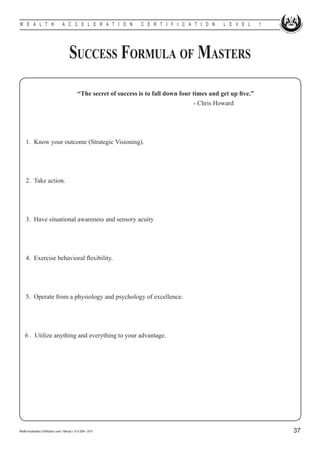 W E A L T H                            A C C E L E R A T I O N        C E R T I F I C A T I O N   L E V E L   1




                                             Success Formula of Masters
								 “The secret of success is to fall down four times and get up five.”
														                                        - Chris Howard




	 1.	 Know your outcome (Strategic Visioning).




	 2.	 Take action.




	 3.	 Have situational awareness and sensory acuity




	 4.	 Exercise behavioral flexibility.




	 5.	 Operate from a physiology and psychology of excellence.




     6 . Utilize anything and everything to your advantage.	




Wealth Acceleration Certification Level 1 Manual v 10 © 2004 - 2010                                               37
 