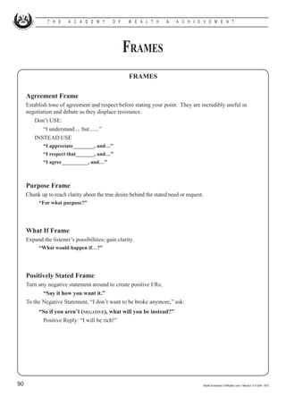 T H E    A C A D E M Y        O F    W E A L T H       &   A C H I E V E M E N T




                                                   Frames
                                                    FRAMES

     Agreement Frame
     Establish tone of agreement and respect before stating your point. They are incredibly useful in
     negotiation and debate as they displace resistance.
     	 Don’t USE:
     		 “I understand.... but.......”
     	 INSTEAD USE
     			 “I appreciate________, and…”
     			 “I respect that_______, and…”
     			 “I agree__________, and…”

     	
     Purpose Frame
     Chunk up to reach clarity about the true desire behind the stated need or request.
     		 “For what purpose?”




     What If Frame
     Expand the listener’s possibilities; gain clarity.
     	   	 “What would happen if…?”




     Positively Stated Frame
     Turn any negative statement around to create positive I/Rs; 				
     		 “Say it how you want it.”
     To the Negative Statement, “I don’t want to be broke anymore,” ask:
     	   	 “So if you aren’t (negative), what will you be instead?”
     		      Positive Reply: “I will be rich!”




90                                                                                        Wealth Acceleration Certification Level 1 Manual v 10 © 2004 - 2010
 