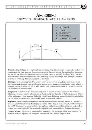 W E A L T H                            A C C E L E R A T I O N                       C E R T I F I C A T I O N     L E V E L   1




                                                                           Anchoring
                                    5 KEYS TO CREATING POWERFUL ANCHORS
                                                                                                   	
                                                                                                   	    I	     INTENSITY
                                                                                                   	    T	     TIMING
                                                                                                   	    U	     UNIQUENESS
                                                                                                   	    R	     REPLICABLE
                                                                                                   	    N	     NUMBER OF TIMES


                                                                        Anchor

                                                                                                       State
                                        INTENSITY




                                                                      5-15 seconds
                                                    TIME




       Intensity refers to being in a heightened and associated state at the moment of setting the anchor. The
       more intense the state is during the anchoring process, the more optimal the result and the longer the
       anchor will last. Powerful communicators use their own state to intensify the clients’ state, making
       sure the clients are fully associated (in their own body looking out through their own eyes), and not
       dissociated (watching themselves experience the state).
       Timing the anchor is important. Use sensory acuity to know when to apply the anchor as a client
       goes into a peak state and when to release the anchor before it decreases. Anchoring a state when it is
       less than intense, or when it is mixed with another state, produces diminished or confused reactions
       the next time the anchor is fired.
       Uniqueness of the type of the stimulus is important in order to establish an anchor that endures.
       Choosing a common area for a kinesthetic anchor (touch), like the palm of the hand, causes a dilution
       of the anchor every time someone shakes the client’s hand. Effective, unique locations include behind
       the ear, on the side of the arm, on a knuckle, or on the top of the shoulder.
       Replicable refers to the ability to fire the anchor in the exact same way as it was set. A kinesthetic
       anchor needs to be accessible; don’t apply a stimulus where the person can’t reach, like the center of
       the back! An auditory or visual anchor—like a phrase said with a specific tonality or a look made a
       certain way—may be used if the stimulus is replicable, or it may not trigger the desired response.
       Number of times the anchor is set determines how deeply the neurological link is established. The
       more an anchor is repeated, the stronger it is later when fired, and the longer it lasts.




Wealth Acceleration Certification Level 1 Manual v 10 © 2004 - 2010                                                                97
 