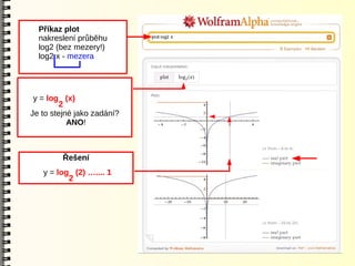 Příkaz plot
  nakreslení průběhu
  log2 (bez mezery!)
  log2 x - mezera




 y = log (x)
        2
Je to stejné jako zadání?
           ANO!



         Řešení
   y = log (2) ….... 1
          2
 