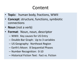 Content
• Topic: human body, fractions, WWII
• Concept: structure, functions, symbiotic
connections
• Noun (not a verb)
• Format: Noun, noun, descriptor
– WWII: Key causes for US Entry
– Double-Bar Graph: Up to 3 variables
– US Geography: Northeast Region
– Earth’s Moon: 8 Sequential Phases
– Number Recognition: 0-10
– Historical Fiction Text: Fact vs. Fiction
 