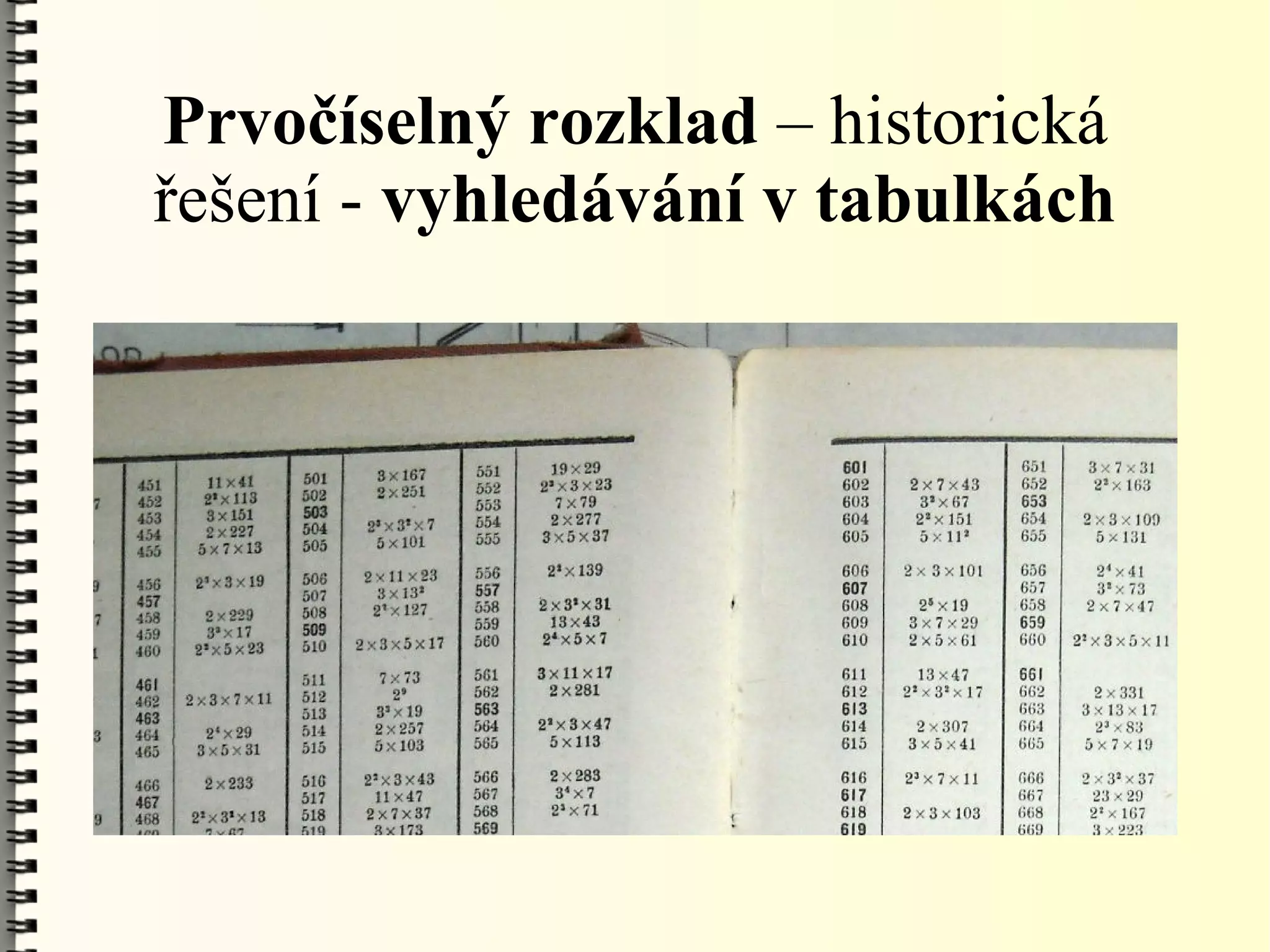 Prvočíselný rozklad – historická
řešení - vyhledávání v tabulkách
 