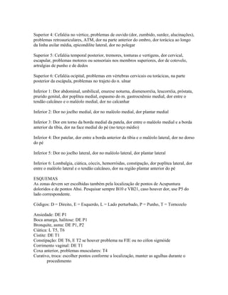 Superior 4: Cefaléia no vértice, problemas de ouvido (dor, zumbido, surdez, alucinações),
problemas retroauriculares, ATM, dor na parte anterior do ombro, dor torácica ao longo
da linha axilar média, epicondilite lateral, dor no polegar
Superior 5: Cefaléia temporal posterior, tremores, tonturas e vertigens, dor cervical,
escapular, problemas motores ou sensoriais nos membros superiores, dor de cotovelo,
artralgias de punho e de dedos
Superior 6: Cefaléia ocipital, problemas em vértebras cervicais ou torácicas, na parte
posterior da escápula, problemas no trajeto do n. ulnar
Inferior 1: Dor abdominal, umbilical, enurese noturna, dismenorréia, leucorréia, próstata,
prurido genital, dor poplítea medial, espasmo do m. gastrocnêmio medial, dor entre o
tendão calcâneo e o maléolo medial, dor no calcanhar
Inferior 2: Dor no joelho medial, dor no maléolo medial, dor plantar medial
Inferior 3: Dor em torno da borda medial da patela, dor entre o maléolo medial e a borda
anterior da tíbia, dor na face medial do pé (no terço médio)
Inferior 4: Dor patelar, dor entre a borda anterior da tíbia e o maléolo lateral, dor no dorso
do pé
Inferior 5: Dor no joelho lateral, dor no maléolo lateral, dor plantar lateral
Inferior 6: Lombalgia, ciática, cóccix, hemorróidas, constipação, dor poplítea lateral, dor
entre o maléolo lateral e o tendão calcâneo, dor na região plantar anterior do pé
ESQUEMAS
As zonas devem ser escolhidas também pela localização de pontos de Acupuntura
doloridos e de pontos Ahsi. Pesquisar sempre B10 e VB21, caso houver dor, use P5 do
lado correspondente.
Códigos: D = Direito, E = Esquerdo, L = Lado perturbado, P = Punho, T = Tornozelo
Ansiedade: DE P1
Boca amarga, halitose: DE P1
Bronquite, asma: DE P1, P2
Ciática: L T5, T6
Cistite: DE T1
Constipação: DE T6, E T2 se houver problema na FIE ou no cólon sigmóide
Corrimento vaginal: DE T1
Coxa anterior, problemas musculares: T4
Curativo, troca: escolher pontos conforme a localização, manter as agulhas durante o
procedimento
 