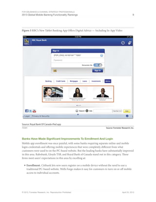 For eBusiness & Channel Strategy Professionals
2013 Global Mobile Banking Functionality Rankings 9
© 2013, Forrester Research, Inc. Reproduction Prohibited April 25, 2013
Figure 5 RBC’s New Tablet Banking App Offers Digital Advice — Including In-App Video
Source: Forrester Research, Inc.75591
Source: Royal Bank Of Canada iPad app
Banks Have Made Significant Improvements To Enrollment And Login
Mobile app enrollment was once painful, with some banks requiring separate online and mobile
login credentials and offering mobile experiences that were completely different from what
customers were used to on the PC-based website. But the leading banks have substantially improved
in this area. Rabobank, Lloyds TSB, and Royal Bank of Canada stand out in this category. These
firms meet users’ expectations in this area by excelling at:
■	Enrollment. Citibank lets new users register on a mobile device without the need to use a
traditional PC-based website. Wells Fargo makes it easy for customers to turn on or off mobile
access to individual accounts.
 