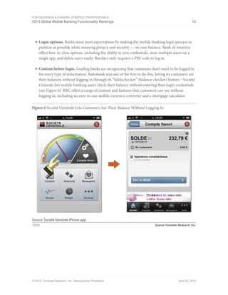 For eBusiness & Channel Strategy Professionals
2013 Global Mobile Banking Functionality Rankings 10
© 2013, Forrester Research, Inc. Reproduction Prohibited April 25, 2013
■	Login options. Banks must meet expectations by making the mobile banking login process as
painless as possible while ensuring privacy and security — no easy balance. Bank of America
offers best-in-class options, including the ability to save credentials, store multiple users on a
single app, and delete users easily. Barclays only requires a PIN code to log in.
■	Content before login. Leading banks are recognizing that customers don’t need to be logged in
for every type of information. Rabobank was one of the first to do this, letting its customers see
their balances without logging in through its “Saldochecker” (balance checker) feature.11
Société
Générale lets mobile banking users check their balance without entering their login credentials
(see Figure 6). RBC offers a range of content and features that customers can use without
logging in, including an easy-to-use mobile currency converter and a mortgage calculator.
Figure 6 Société Générale Lets Customers See Their Balance Without Logging In
Source: Forrester Research, Inc.75591
Source: Société Générale iPhone app
 