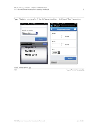 For eBusiness & Channel Strategy Professionals
2013 Global Mobile Banking Functionality Rankings 12
© 2013, Forrester Research, Inc. Reproduction Prohibited April 25, 2013
Figure 7 La Caixa Lets Users See A Year Of Transaction History And Search Their Transactions
Source: Forrester Research, Inc.75591
Source: la Caixa iPhone app
 