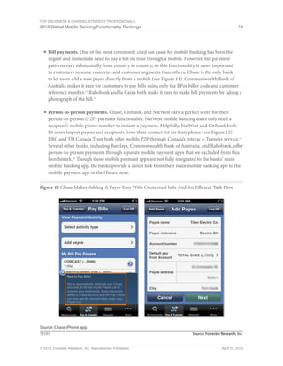 For eBusiness & Channel Strategy Professionals
2013 Global Mobile Banking Functionality Rankings 16
© 2013, Forrester Research, Inc. Reproduction Prohibited April 25, 2013
■	Bill payments. One of the most commonly cited use cases for mobile banking has been the
urgent and immediate need to pay a bill on time through a mobile. However, bill payment
patterns vary substantially from country to country, so this functionality is more important
to customers in some countries and customer segments than others. Chase is the only bank
to let users add a new payee directly from a mobile (see Figure 11). Commonwealth Bank of
Australia makes it easy for customers to pay bills using only the BPay biller code and customer
reference number.13
Rabobank and la Caixa both make it easy to make bill payments by taking a
photograph of the bill.14
■	Person-to-person payments. Chase, Citibank, and NatWest earn a perfect score for their
person-to-person (P2P) payment functionality. NatWest mobile banking users only need a
recipient’s mobile phone number to initiate a payment. Helpfully, NatWest and Citibank both
let users import payees and recipients from their contact list on their phone (see Figure 12).
RBC and TD Canada Trust both offer mobile P2P through Canada’s Interac e-Transfer service.15
Several other banks, including Barclays, Commonwealth Bank of Australia, and Rabobank, offer
person-to-person payments through separate mobile payment apps that we excluded from this
benchmark.16
Though those mobile payment apps are not fully integrated to the banks’ main
mobile banking app, the banks provide a direct link from their main mobile banking app to the
mobile payment app in the iTunes store.
Figure 11 Chase Makes Adding A Payee Easy With Contextual Info And An Efficient Task Flow
Source: Forrester Research, Inc.75591
Source: Chase iPhone app
 