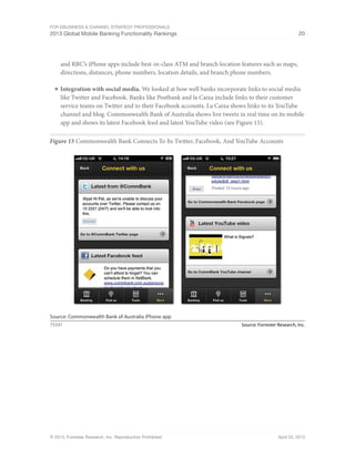 For eBusiness & Channel Strategy Professionals
2013 Global Mobile Banking Functionality Rankings 20
© 2013, Forrester Research, Inc. Reproduction Prohibited April 25, 2013
and RBC’s iPhone apps include best-in-class ATM and branch location features such as maps,
directions, distances, phone numbers, location details, and branch phone numbers.
■	Integration with social media. We looked at how well banks incorporate links to social media
like Twitter and Facebook. Banks like Postbank and la Caixa include links to their customer
service teams on Twitter and to their Facebook accounts. La Caixa shows links to its YouTube
channel and blog. Commonwealth Bank of Australia shows live tweets in real time on its mobile
app and shows its latest Facebook feed and latest YouTube video (see Figure 15).
Figure 15 Commonwealth Bank Connects To Its Twitter, Facebook, And YouTube Accounts
Source: Forrester Research, Inc.75591
Source: Commonwealth Bank of Australia iPhone app
 