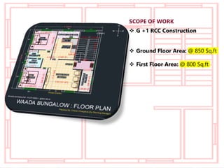  G +1 RCC Construction
 Ground Floor Area: @ 850 Sq.ft
 First Floor Area: @ 800 Sq.ft
SCOPE OF WORK
 