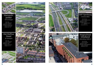 Hogeschool
Inholland
uitbreiding 3.800 m2
	 Plaats:	 Den Haag
	 Locatie:	 Theresiastraat
	 Aanneemsom:	 € 4.408.731,-
	 Opdrachtgever:	 Hogeschool INHOLLAND
	 Architect:	 SP Architecten
	 Bouwtijd:	 07/09 – 06/10
DVP Ypenburg
2 kantoorvilla’s
	 Plaats:	 Den Haag
	 Locatie:	 Ypenburgse stationweg
	 Aanneemsom:	 € 1.980.000,-
	 Opdrachtgever:	 Sistra B.V.
	 Architect:	 Rietveld Architect LLP,
		 New York
	 Bouwtijd:	 06/09 – 05/10
Harnasch-
polder
144 woningen
	 Plaats:	 Delft
	 Locatie:	 Hoflandendreef
	 Aanneemsom:	 € 25.000.000,-
	Opdrachtgever:	 Woonbron Kristal
	 Architect:	 Faro Architecten
	 Bouwtijd:	 03/09 – 12/10
Het Delftse
Goed
45 woningen
	 Plaats:	 Delft
	 Locatie:	 Hoflandendreef
	 Aanneemsom:	 € 5.450.000,-
	Opdrachtgever:	 Visade
	 Architect:	 Faro Architecten
	 Bouwtijd:	 10/10 – 10/11
8 9
 