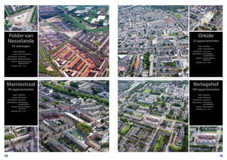 Polder van
Nesselande
45 woningen
	 Plaats:	 Rotterdam
	 Locatie:	 Francis Picabiastraat
	 Aanneemsom:	 € 4.800.000,-
	 Opdrachtgever:	 Waal Ontwikkeling
	 Architect:	 Kokon Architectuur &
		 Stedenbouw B.V.
	 Bouwtijd:	 06/10 – 01/11
Marnixstraat
49 appartementen
	 Plaats:	 Rotterdam
	 Locatie:	 Marnixstraat
	 Aanneemsom:	 € 6.102.000,-
	 Opdrachtgever:	 PWS Vastgoed-
		 ontwikkeling B.V.
	 Architect:	 Steenhuis Bukman
		 Architecten
	 Bouwtijd:	 04/10 – 07/11
Berlagehof
109 appartementen
	 Plaats:	 Rotterdam
	 Locatie:	 Duikerstraat
	 Aanneemsom:	 € 9.846.000,-
	 Opdrachtgever:	 SOR Vastgoed-
		 ontwikkeling B.V.
	 Architect:	 Bias architecten
	 Bouwtijd:	 03/10 – 01/11	
Orkide
25 appartementen
	 Plaats:	 Rotterdam
	 Locatie:	 Jacob Catsstraat
	 Aanneemsom:	 € 2.871.000,-
	 Opdrachtgever:	 PWS Vastgoed-
		 ontwikkeling B.V.
	 Architect:	 Steenhuis Bukman
		 Architecten
	 Bouwtijd:	 04/10 – 06/11
14 15
 
