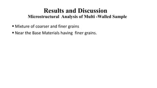 Results and Discussion
Microstructural Analysis of Multi -Walled Sample
▪ Mixture of coarser and finer grains
▪ Near the Base Materials having finer grains.
 