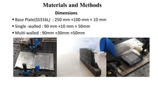 Materials and Methods
Dimensions
▪ Base Plate(SS316L) : 250 mm ×100 mm × 10 mm
▪ Single -walled : 90 mm ×10 mm × 50mm
▪ Multi-walled : 90mm ×30mm ×50mm
 