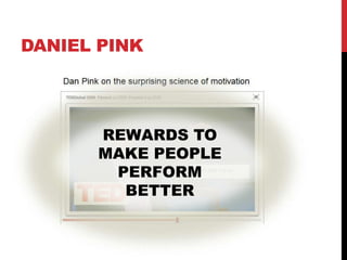 DANIEL PINK




      REWARDS TO
      MAKE PEOPLE
       PERFORM
        BETTER
 