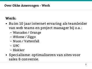 Over Okke Amerongen - Werk
Werk:
• Ruim 10 jaar internet ervaring als teamleider
van web teams en project manager bij o.a.:
– Wanadoo / Orange
– @Home / Ziggo
– Nuon / Vattenfall
– UPC
– Blokker
• Specialisme: optimaliseren van sites voor
sales & conversie.
2
 