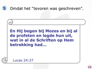 Omdat het “tevoren was geschreven”. 5 En Hij begon bij Mozes en bij al de profeten en legde hun uit, wat in al de Schriften op Hem betrekking had… Lucas 24:27 12 